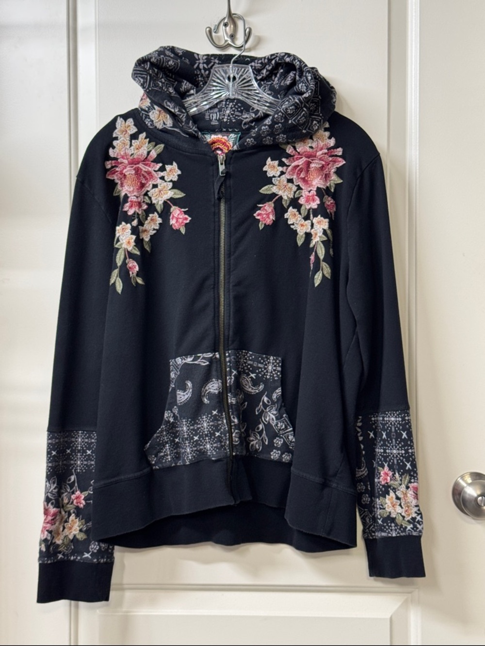 Johnny Was Floral Embroidered Black Zip-Up Hoodie